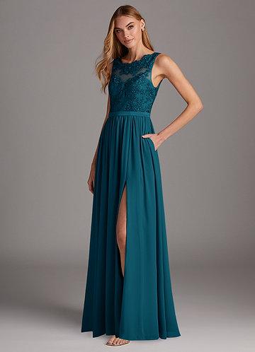 Azazie Elly Bridesmaid Dresses Ink Blue A-Line Lace Scoop Neck Chiffon Dress image1
