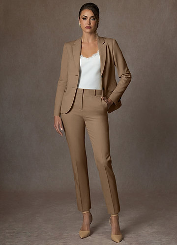front Victoria Truffle Refined Weave Full Length Pants Suit