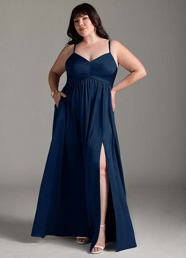 Azazie Alia Bridesmaid Dresses Dark Navy A-Line Pleated Stretch Satin Dress image1