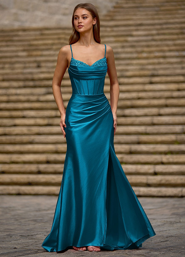 Glow Lake Blue Column Cowl Neck Sleeveless Sweep Train Silk like Satin Prom Dress with Beading Pleated Split image1