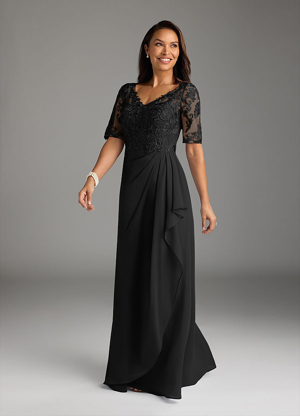 Azazie Amedeus Mother of the Bride Dresses Black A-Line V-Neck Lace Chiffon Dress image1