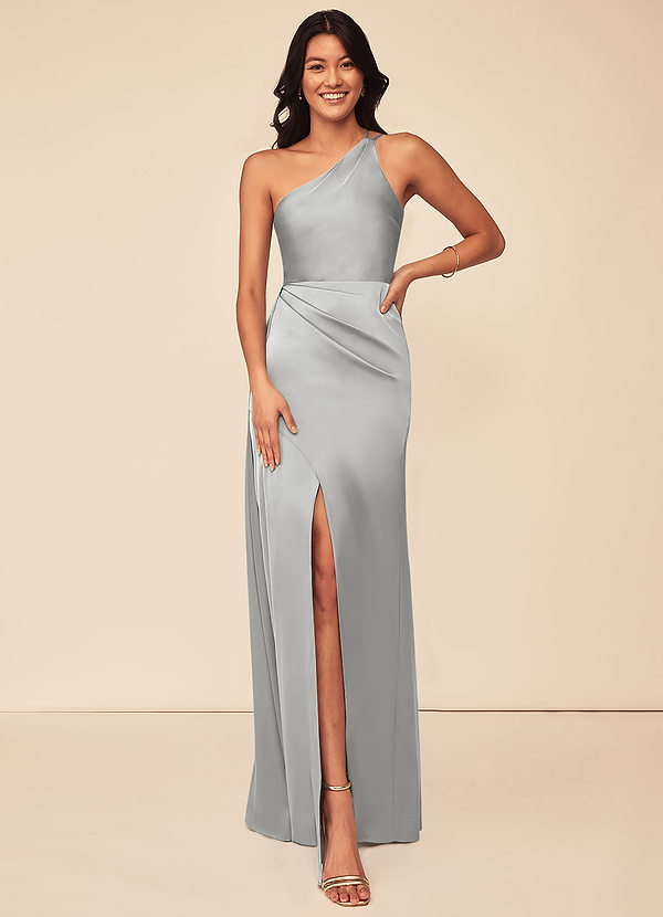 Azazie Maron Bridesmaid Dresses Silver A-Line One Shoulder Stretch Satin Dress image1