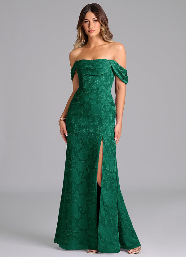 Azazie Saige Bridesmaid Dresses Emerald A-Line Off the Shoulder Floral Burnout Convertible Dress image1
