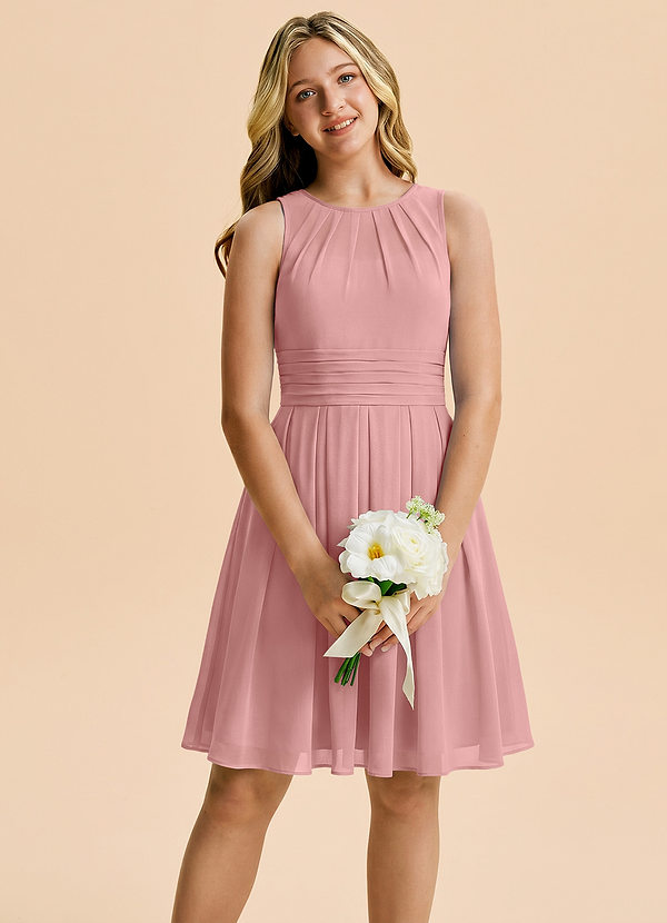 Azazie Bibiane Junior Vestido Rosa Polvorienta de Gasa de Corte en A con Plisado image1