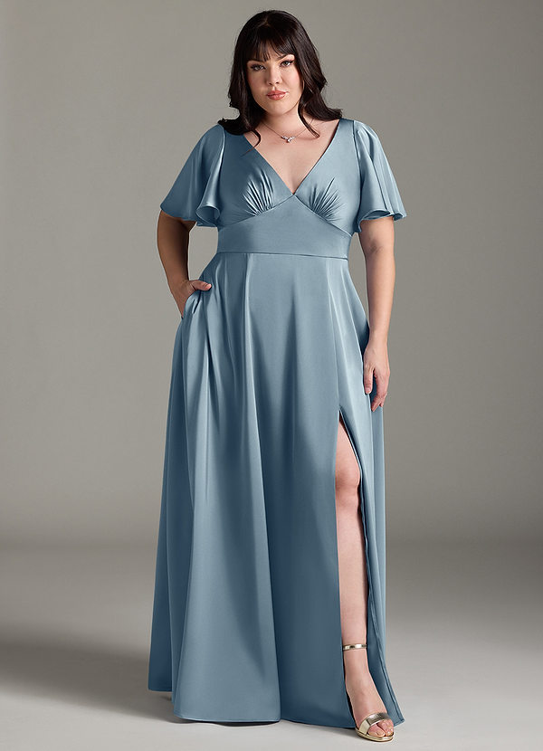 Azazie Kimber Bridesmaid Dresses Dusty Blue A-Line Ruched Stretch Satin Dress image1