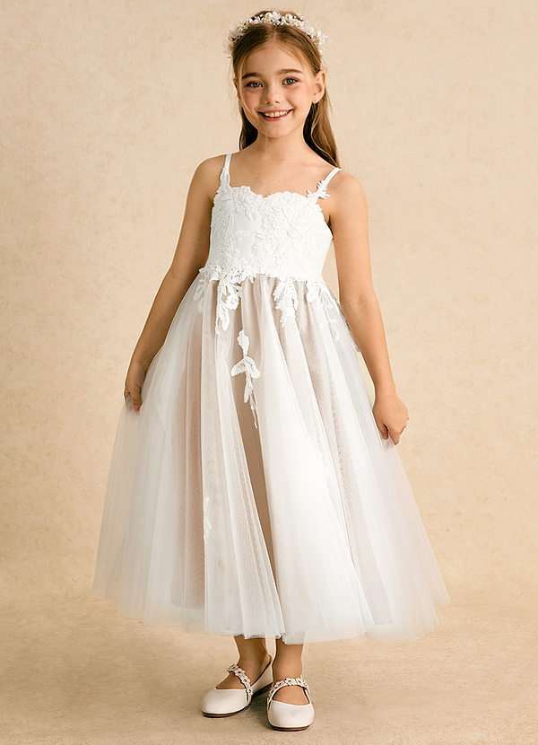 Azazie Coraline Bloemenmeisjes Jurken A-Lijn Jurk van Kant Ivoor Wit Albast image1