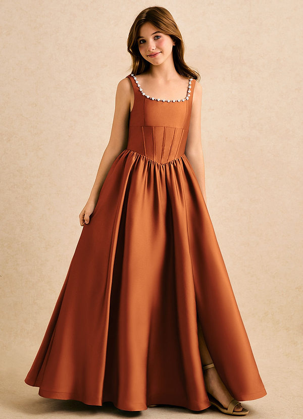 Azazie Enid Girls Formal Flower Girl Dresses Cinnamon A-Line Beaded Stretch Satin Dress image1