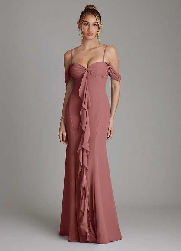 Azazie Karmela Bridesmaid Dresses Amethyst A-Line Off the Shoulder Chiffon Dress image1