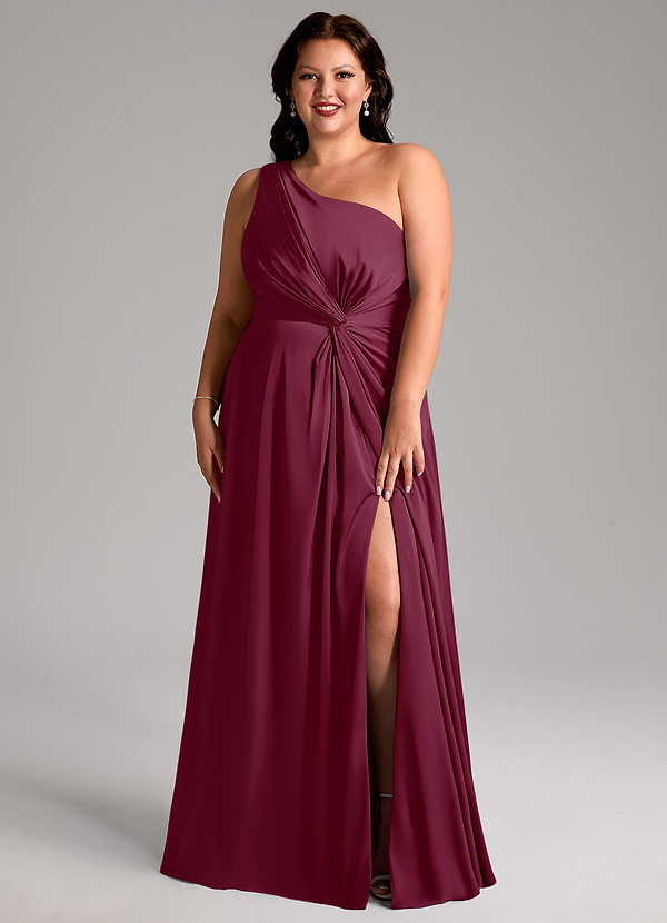 Azazie Brooke Vestidos Dama de Honor Vestido de Mora de Satén Elástico de Corte en A con Hombro unilateral image1