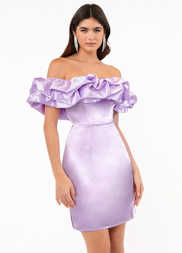 front After Party Lavender Ruffle Off-The-Shoulder Satin Mini Dress
