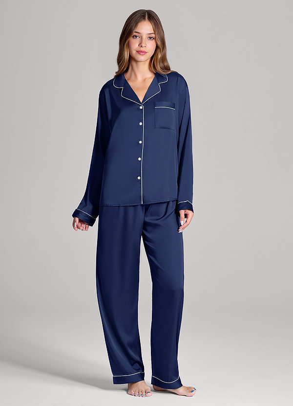 front Azul Marinho Conjunto de pijama de cetim com calças e mangas compridas