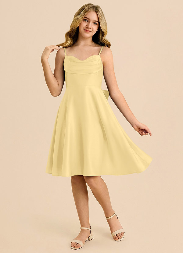 Azazie Bear Junior Robe Trapèze en Satin extensible Encolure en Forme de Cœur Beurre image1