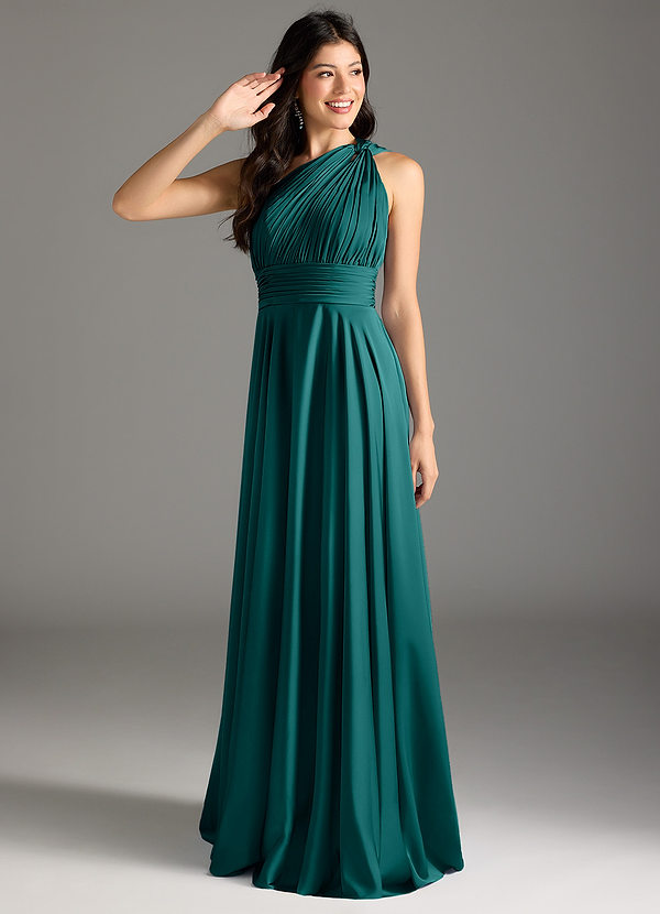 Azazie Charlize Bridesmaid Dresses Peacock A-Line One Shoulder Stretch Satin Dress image1