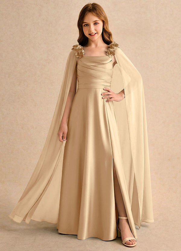 Azazie Rosita Girls Formal Flower Girl Dresses Champagne A-Line Pleated Stretch Satin Dress image1