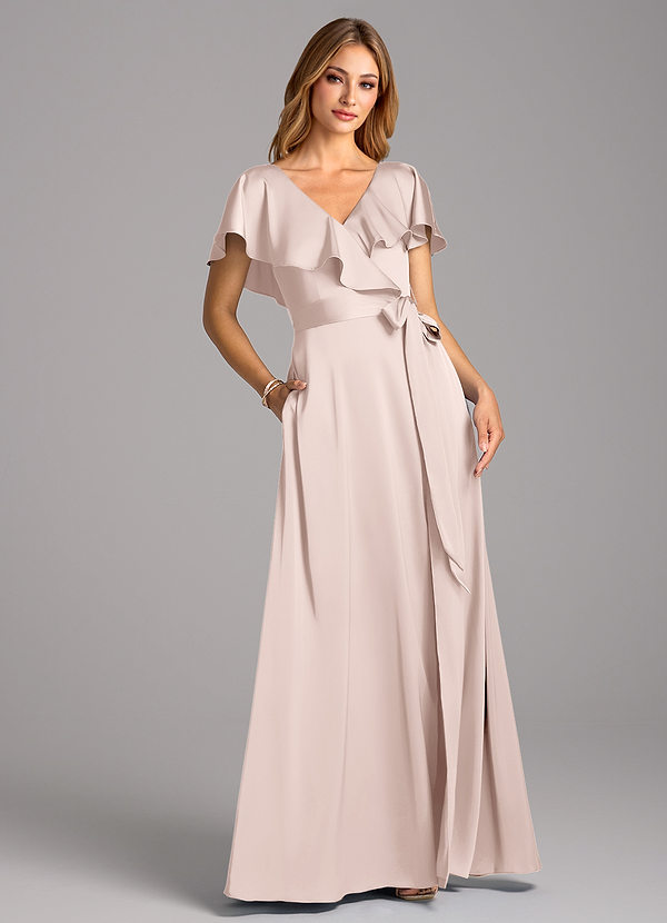 Azazie Lainey Bridesmaid Dresses Blushing Pink A-Line with Pockets Stretch Satin Dress image1