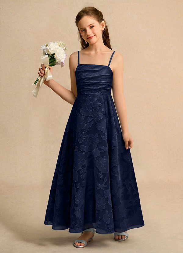 Azazie Pebbles Junior Formal Vestidos de Niña de Flores Vestido de Azul Marino Oscuro de Devorado Floral de Corte En A con Plisado image1