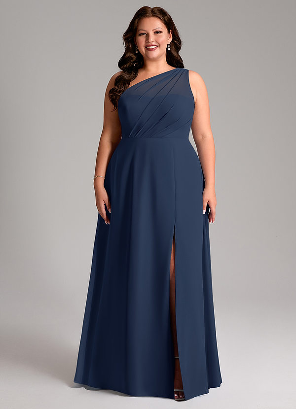 Azazie Phaedra Bruidsmeisjes Jurken Jurk van Chiffon met A-Lijn One-Shoulder Donkere Marine image1