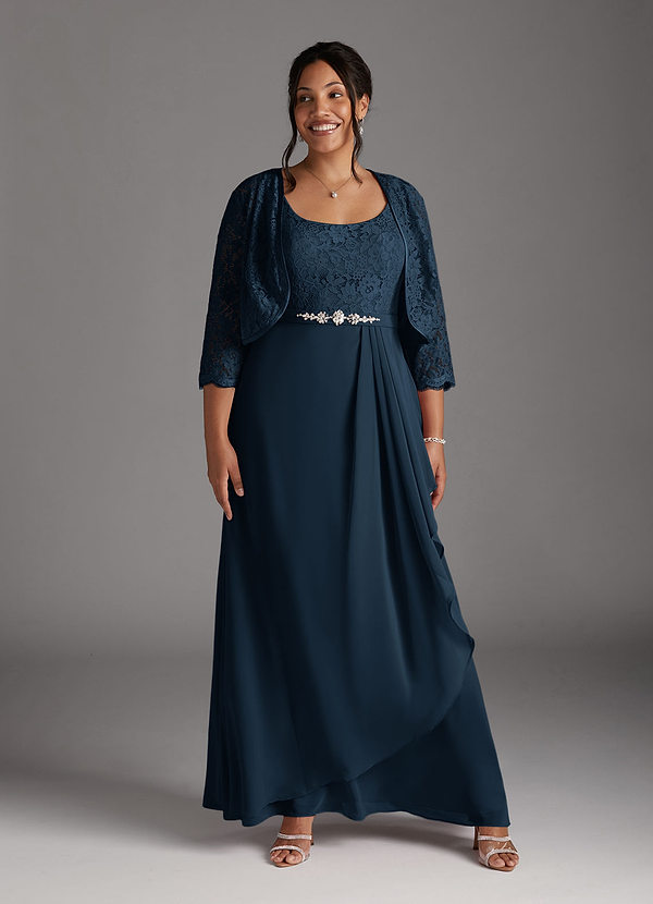 Azazie Ainsling Mother of the Brides Dresses Dark Navy A-Line Square Neckline Lace Chiffon Dress image1