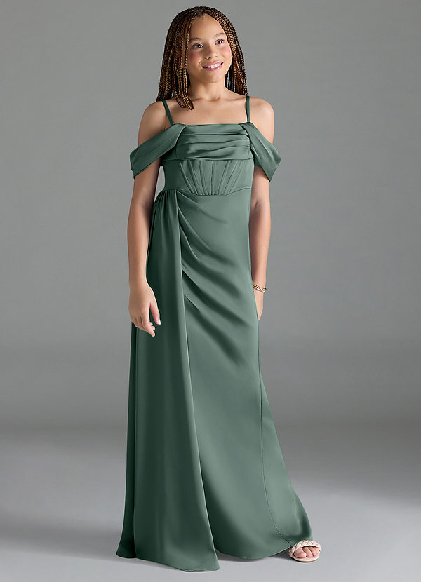 Azazie Amyra Junior Sea Moss Sheath Off the Shoulder Stretch Satin Dress image1