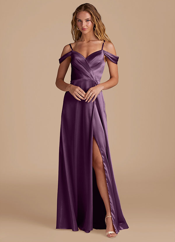 Azazie Ocean Bridesmaid Dresses Plum A-Line Off the Shoulder Metallic Satin Dress image1