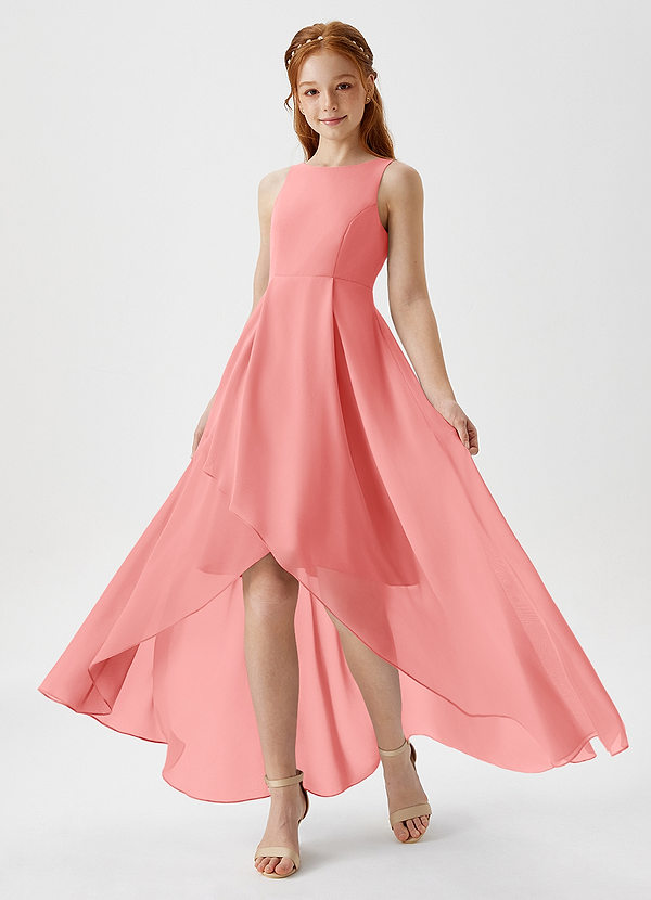 Azazie Lizette Junior Coral A-Line Pleated Chiffon Dress image1