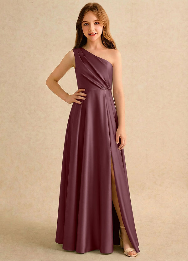 Azazie Puddles Girls Formal Robes de Fillette d'Honneur Robe Trapèze en Satin extensible Une épaule Sangria image1
