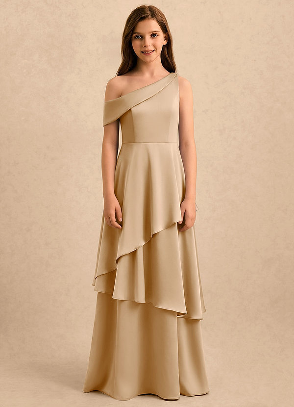 Azazie Shyloh Girls Formal Sukienki dla dziewczynek sypiących kwiaty Linia A Zza ramienia Satyna elastyczna Długość podłogi Sukienka image1