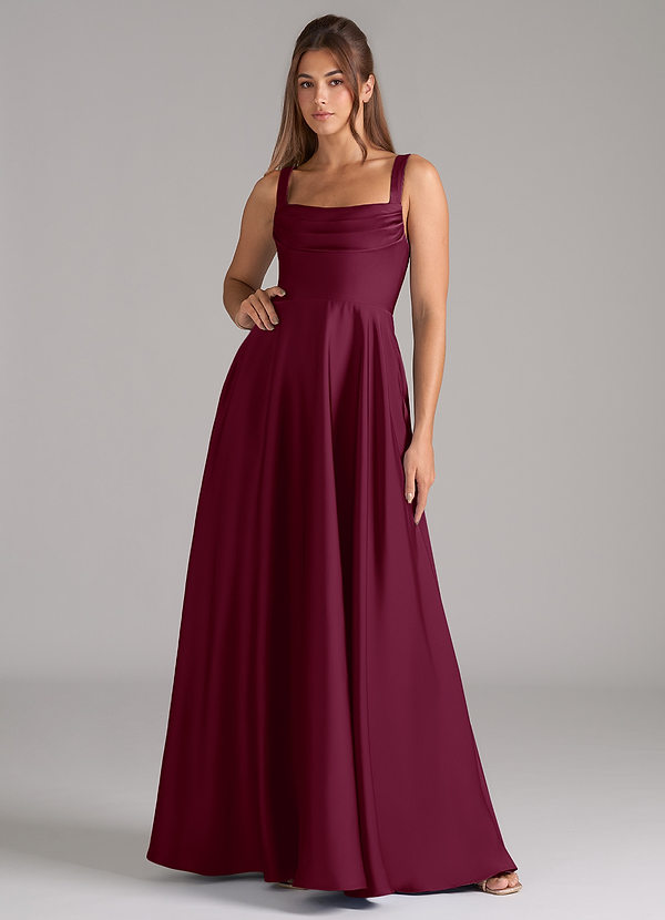 Azazie Shaude Bridesmaid Dresses Mulberry A-Line Pleated Stretch Satin Dress image1
