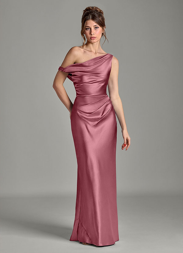 Azazie Emerson Bridesmaid Dresses Desert Rose Mermaid Off the Shoulder Metallic Satin Dress image1