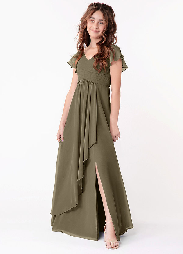 Azazie Omari Junior Willow Green A-Line Ruched Chiffon Dress image1
