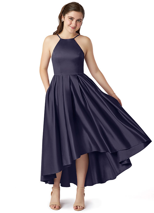 Azazie Jemima Junior Stormy A-Line with Pockets Stretch Satin Dress image1