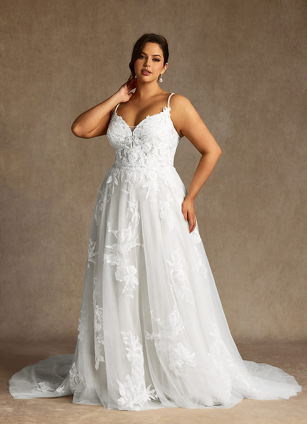 Azazie Lorenza Abiti da Sposa Abito A-Line in Tulle con Scollo a V e Paillettes Bianco Diamante image1