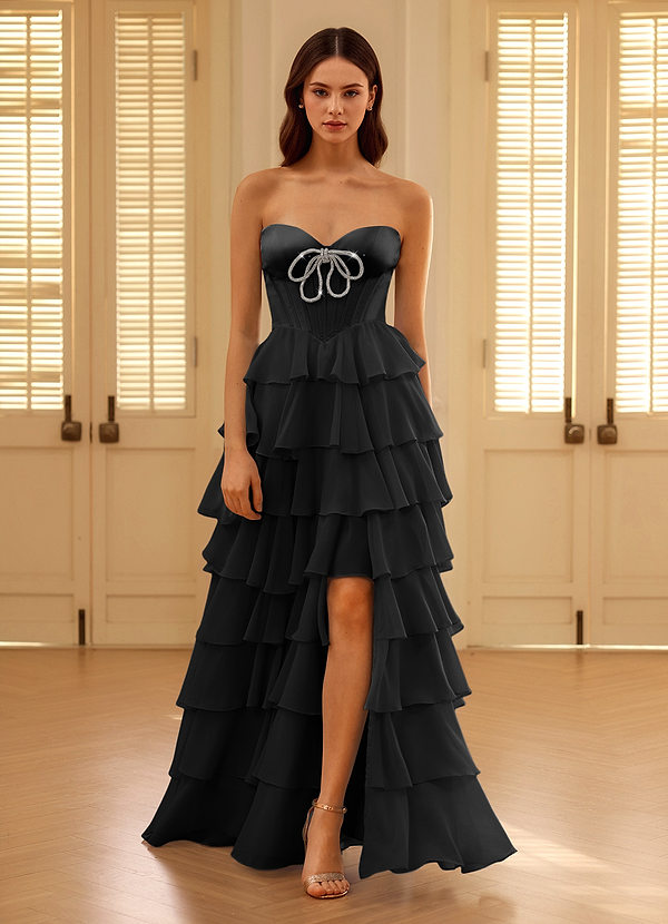 Satina Black Ruffled A-line Prom Dress image1