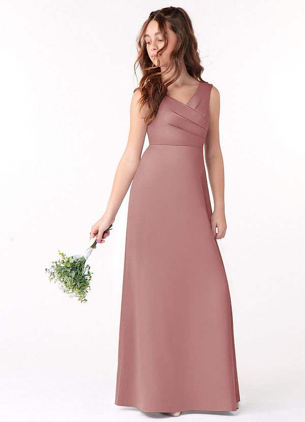 Azazie Sadia Junior Dusty Rose A-Line Pleated Stretch Satin Dress image1