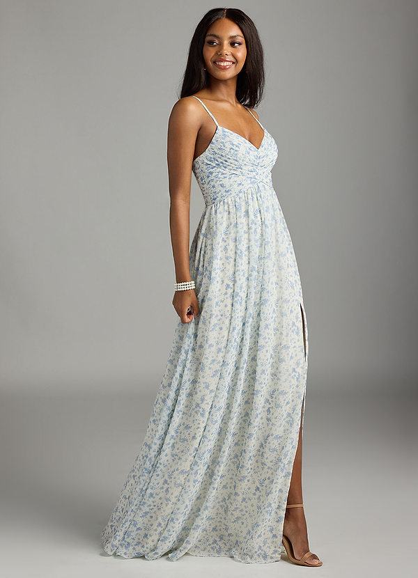 Azazie Alia Bridesmaid Dresses Blue And White Ditsy Floral A-Line Pleated Chiffon Dress image1
