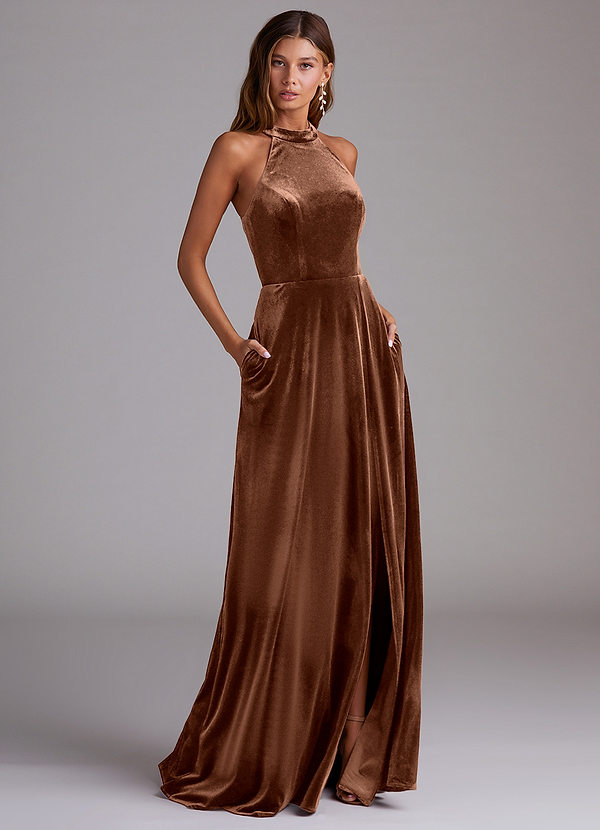 Azazie Larice Bridesmaid Dresses Umber A-Line with Pockets Velvet Dress image1