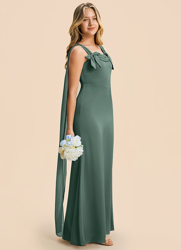 Azazie Chelsea Junior Sea Moss Sheath Pleated Stretch Satin Dress image1