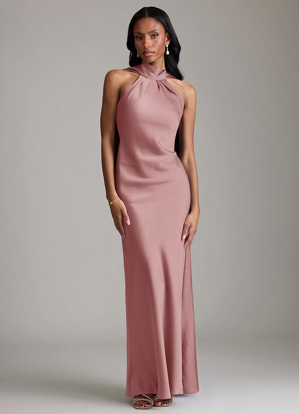 Azazie Cassiana Abiti da Damigella Abito Sirena in Raso Elasticizzato Plissettato Rosa Polverosa image1