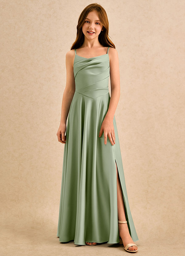 Azazie Coconut Girls Formal Robes de Fillette d'Honneur Robe Trapèze en Satin extensible Plissée Vert Sauge image1