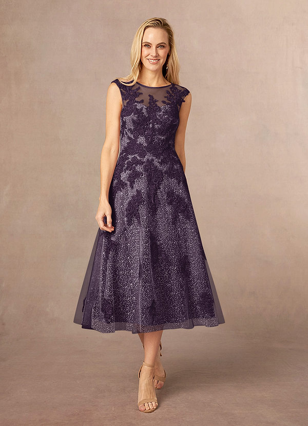 Azazie Flynn Abiti da Mamma Sposa Abito A-Line in Tulle in Pizzo con Scollo a Barca Prugna image1