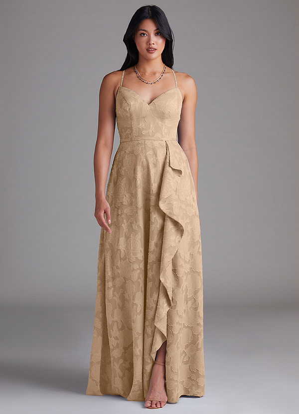 Azazie Naeem Bridesmaid Dresses Champagne A-Line Floral Burnout Dress image1