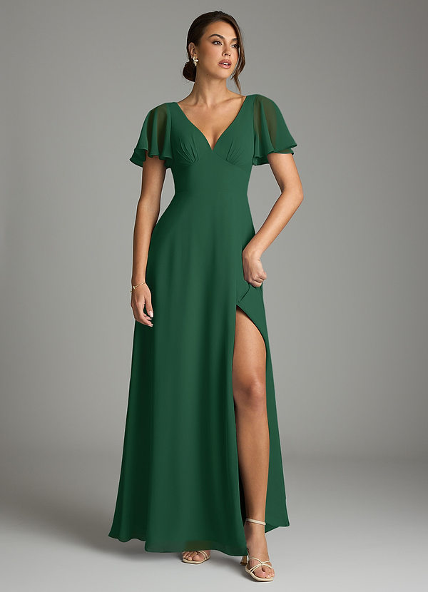 Azazie Kimber Bridesmaid Dresses Dark Green A-Line Flounce Sleeve Chiffon Dress image1