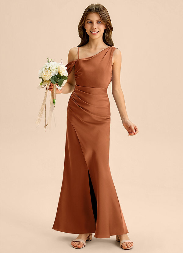 Azazie Madelyn Junior Copper Sheath Off the Shoulder Stretch Satin Dress image1