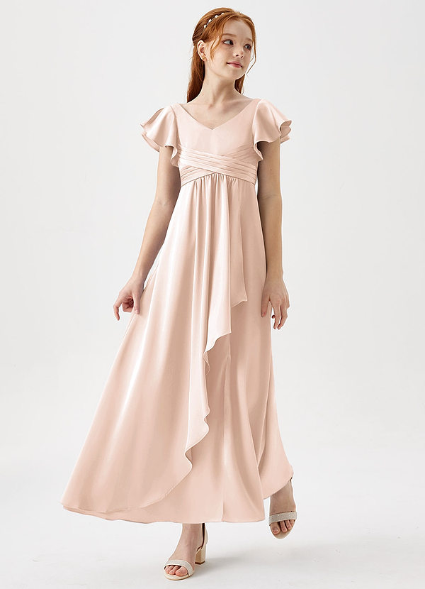 Azazie Omari Junior Blushing Pink A-Line Pleated Stretch Satin Dress image1