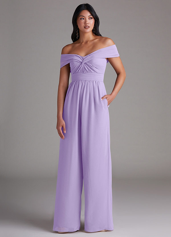 Azazie Lamara Robes Demoiselle d'honneur Combinaison Convertible en Mousseline de soie Épaule décolletée Lilas image1