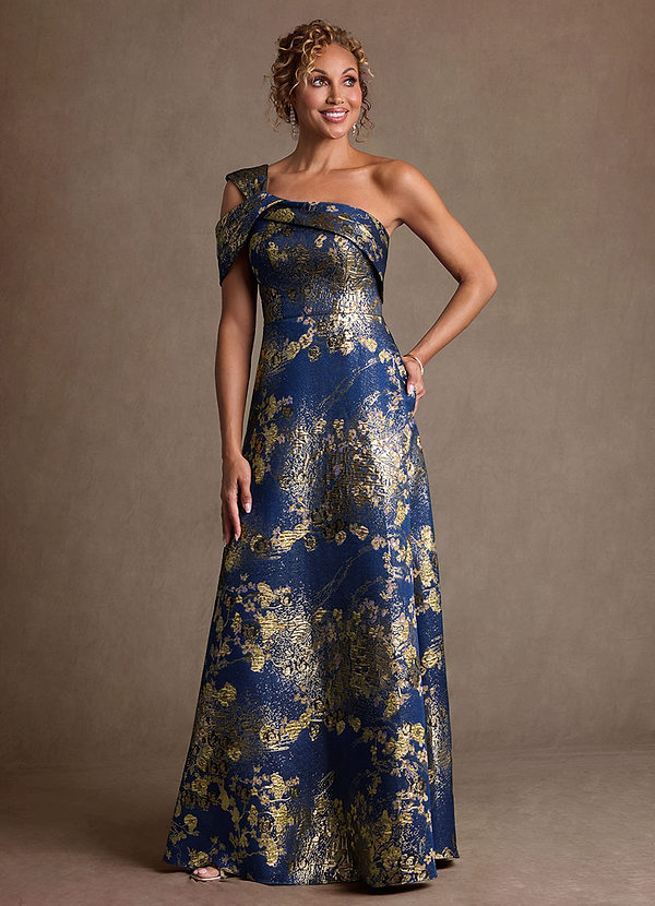 Azazie Yeshe Navy Floral A-Line Pleated Floral Jacquard Dress