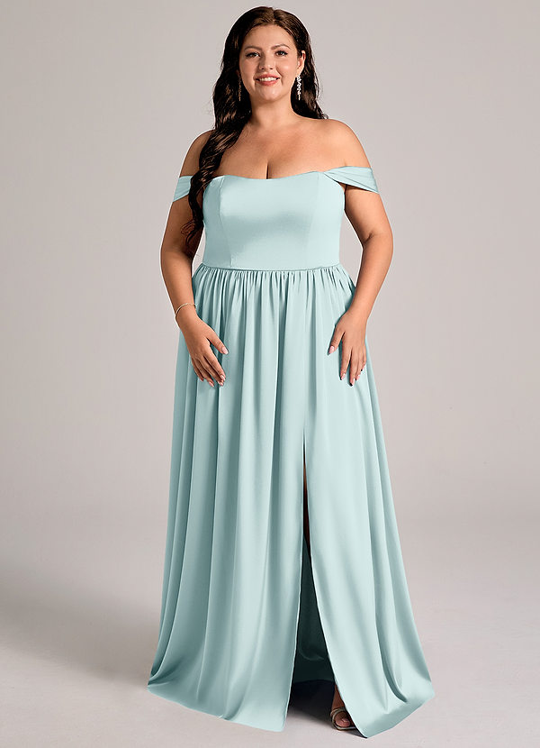 Azazie Calianna Bridesmaid Dresses Mist A-Line Off the Shoulder Stretch Satin Convertible Dress image1