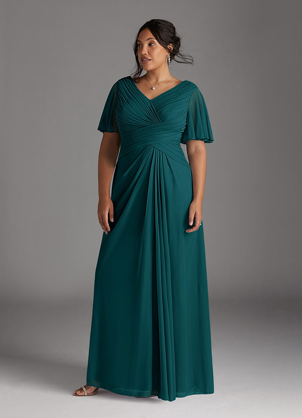 Azazie Emmeline Mother of the Brides Dresses Peacock A-Line V-Neck Pleated Mesh Dress image1