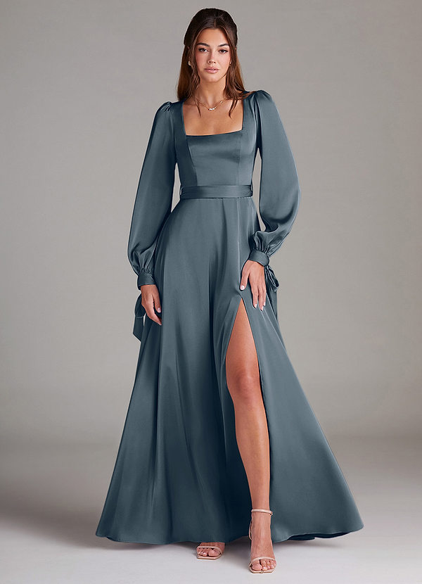 Azazie Leonia Robes Demoiselle d'honneur Robe Trapèze en Satin extensible Manche longue Violet Crépusculaire image1