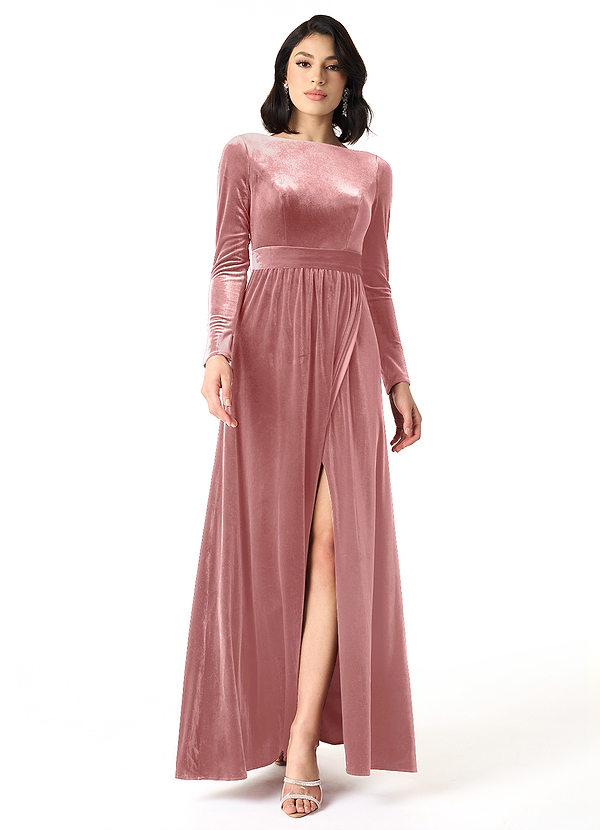 Azazie Brynn Robes Demoiselle d'honneur Robe Trapèze en velours Manche longue Rose Poussiéreuse image1